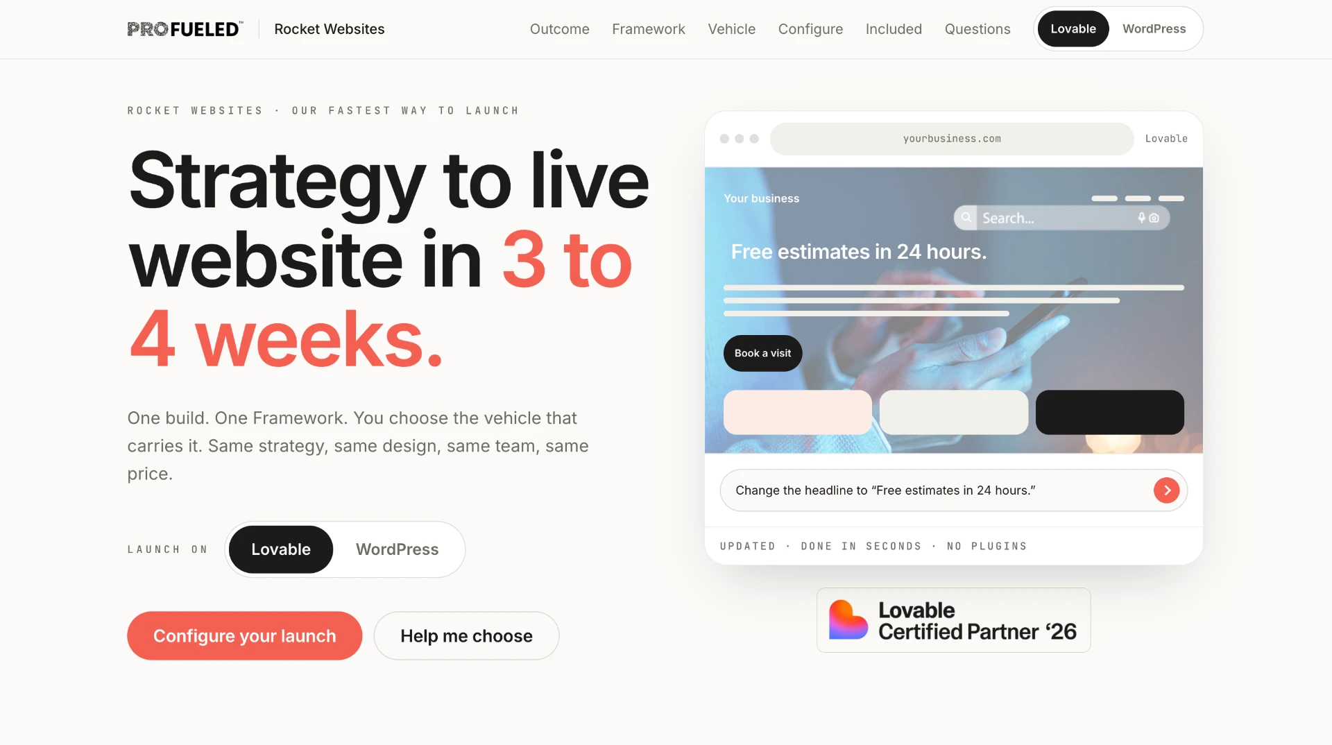Rocket Websites page at launch.profueled.com, desktop view