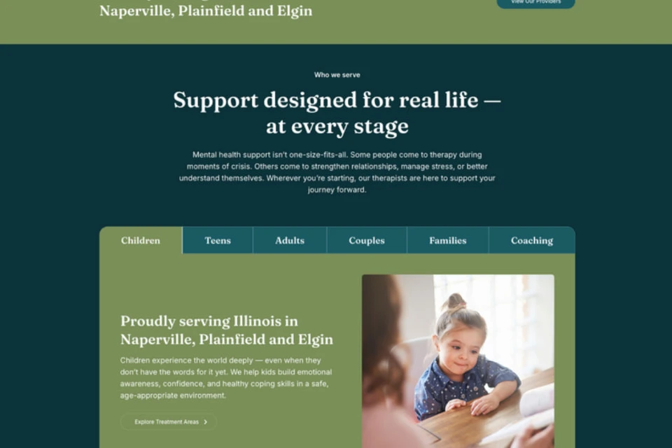 Bridgeview Who we serve section with tabs for children, teens, adults, couples, families and coaching