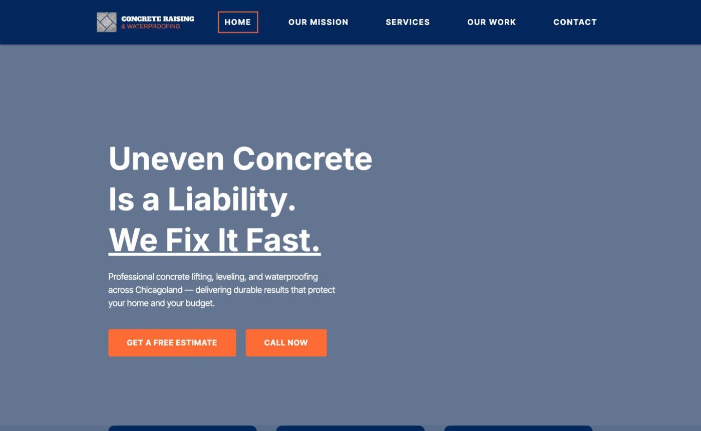 Concrete Raising and Waterproofing homepage screenshot