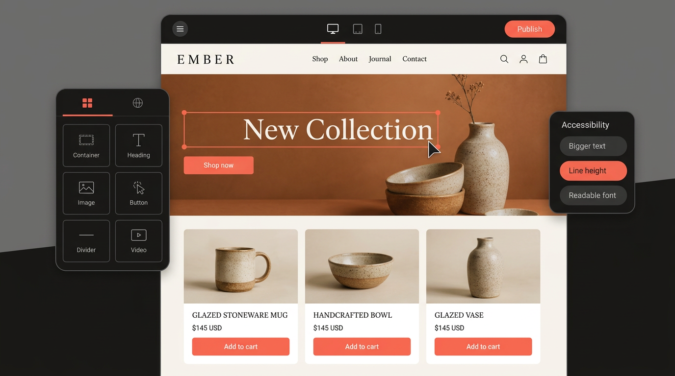 Website editor mockup of a ceramics shop with coral buttons, widget and accessibility panels