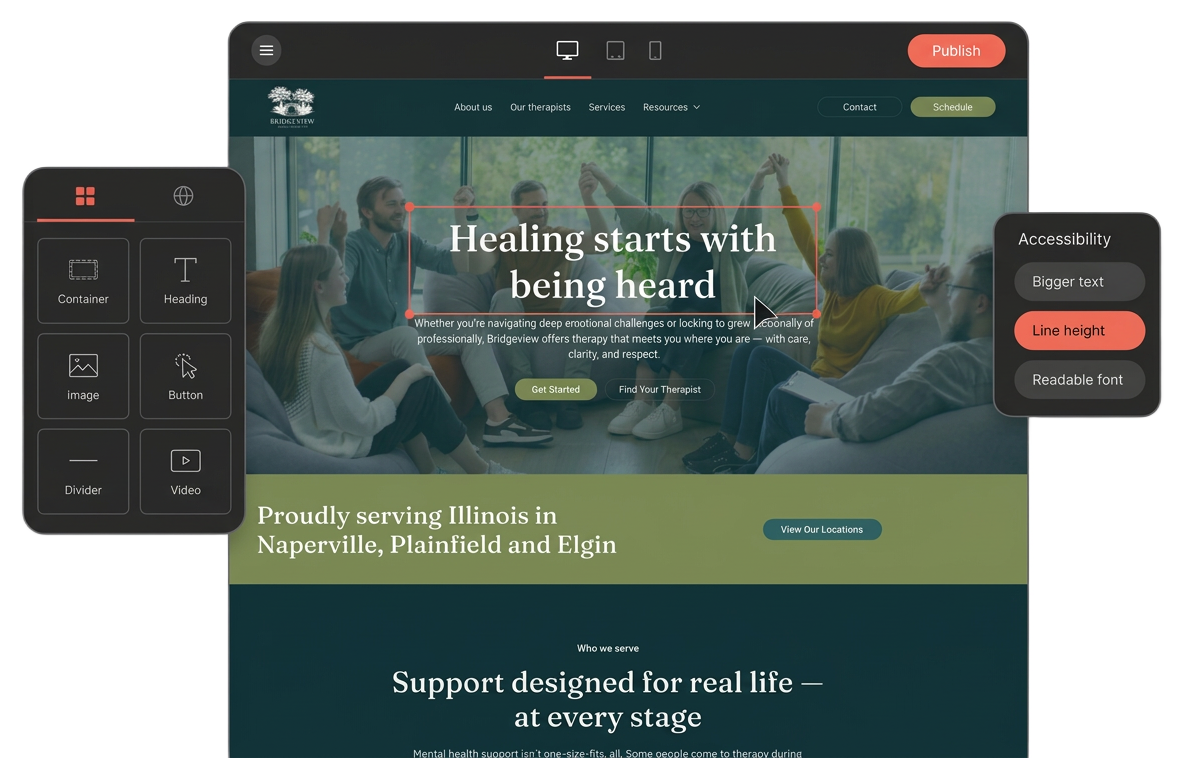 Finished Bridgeview website open in a visual editor, with widget and accessibility panels beside it