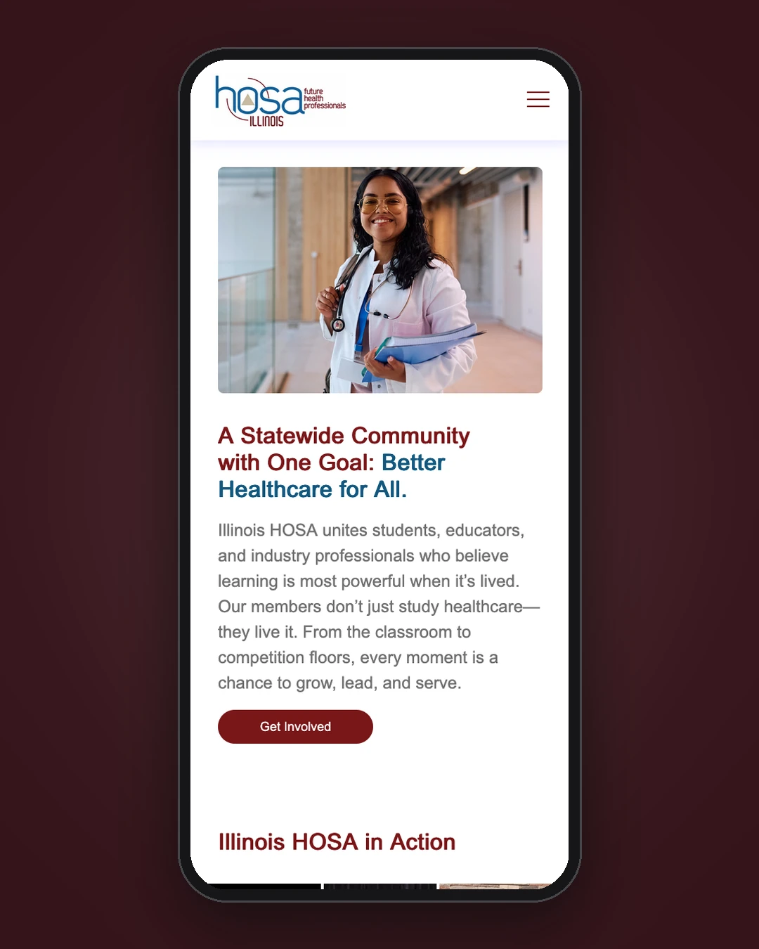 Illinois HOSA mobile site on a phone