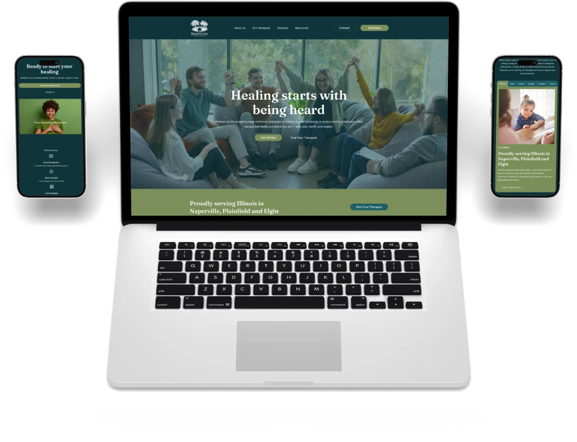 Bridgeview Counseling website on a laptop and phones
